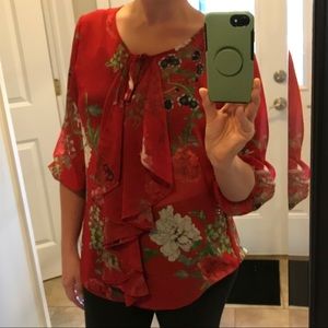 Feminine Red Flower Sheer Blouse NY & Co